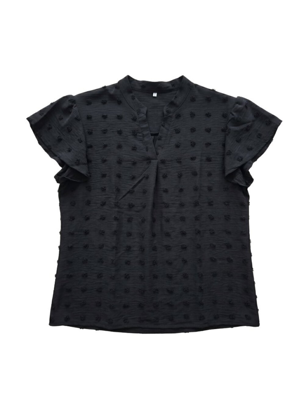 NWOT | Black Swiss Dot Flutter Sleeve V-Neck Textured Pom Pom Blouse | Large